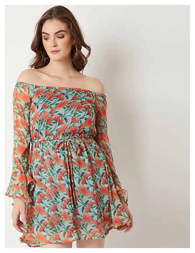 

Women s Multicolored Off shoulder Bell Style Full Sleeve Gathered Ruffled Floral Mini Bardot Style Skater Dress