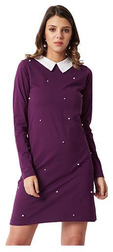 

Women s Multicolored Collar Neck Full Sleeve Cotton Solid Knee-long Embellished Shift Dress