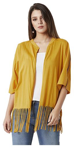 

Women s Mustard Yellow Round Neck 3 4 Sleeve Cotton Solid Fringed Multicolored Twill Tape Detailing Open Front Shrug