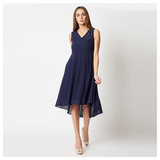 

Women s Navy Blue V-Neck Sleeveless Solid Pearl Detailing High Low Style Midi Skater Dress