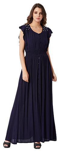 

Women s Navy Blue Round Neck Sleeveless Cotton Solid Smocking And Pearl Detailing Ruffled Maxi Dress