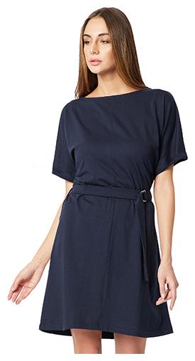 

Women s Navy Blue Round Neck Half Sleeve Solid Belted With D-Ring Mini Shift Dress