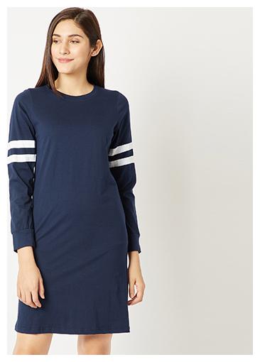 

Women s Navy Blue With White Round Neck Full Sleeve Solid Knee-Long Paneled Shift Dress