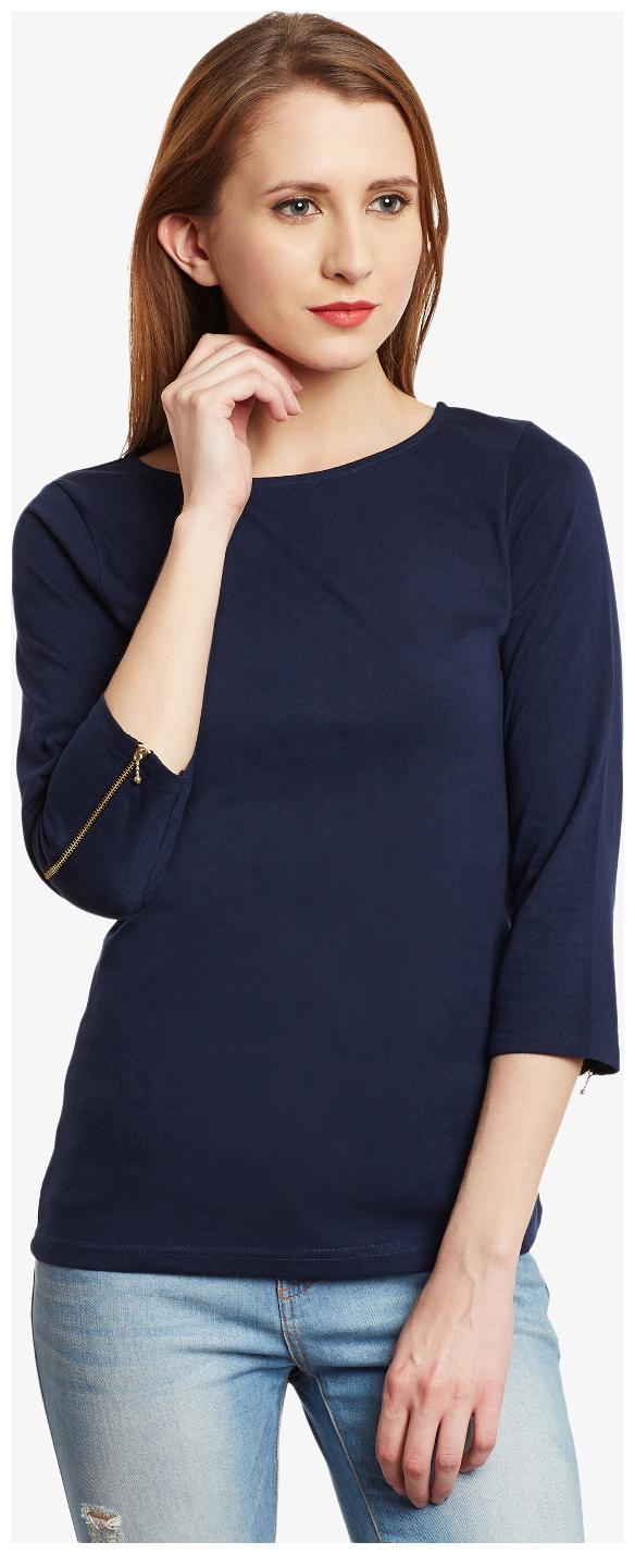 

Miss Chase Women s Navy Blue 3 4 Sleeves Round Neck Solid Top