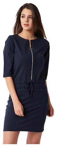 

Women s Navy Blue Round Neck 3 4 Sleeve Cotton Solid Belted Zippered Mini Shift Dress