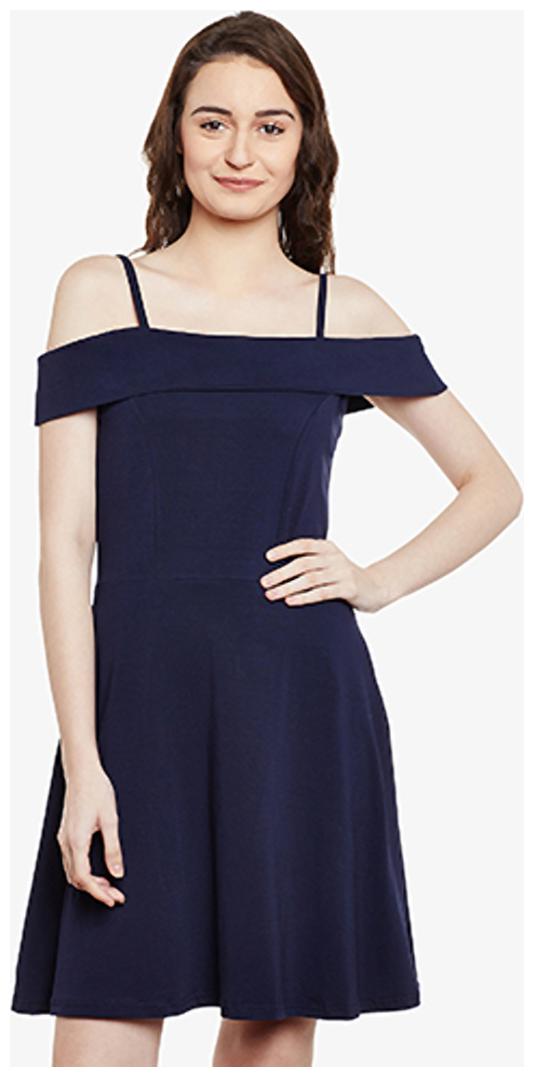 

Miss Chase Women s Navy Blue Bardot Style Sleeveless Solid Mini Skater Dress