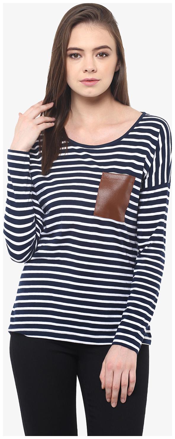 

Miss Chase Women s Navy Blue White Fullsleeve Round Neck Striped Top