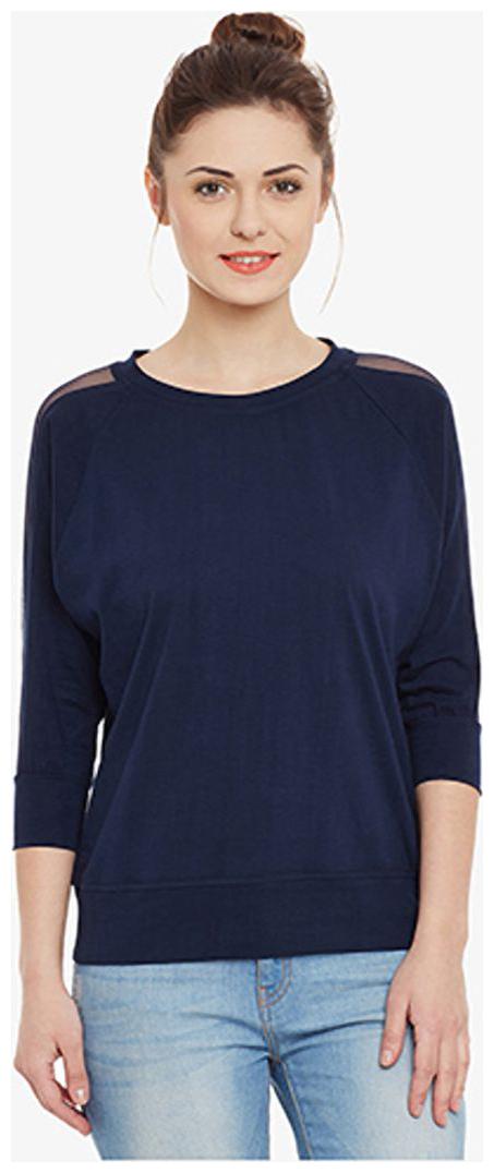 

Miss Chase Women s Navy Blue 3 4 Sleeves Round Neck Solid Top