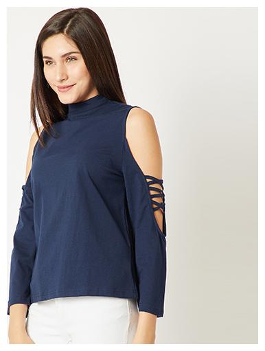 

Women s Navy Blue High Round Neck Criss Cross Full Sleeve Cotton Solid Cold Shoulder Top