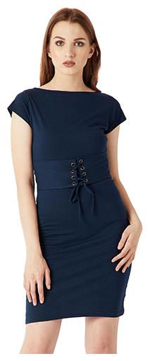 

Women s Navy Blue Boat Neck Cap Sleeve Plain Solid Deep Back Corset Belt Tie-Up Mini Shift Dress
