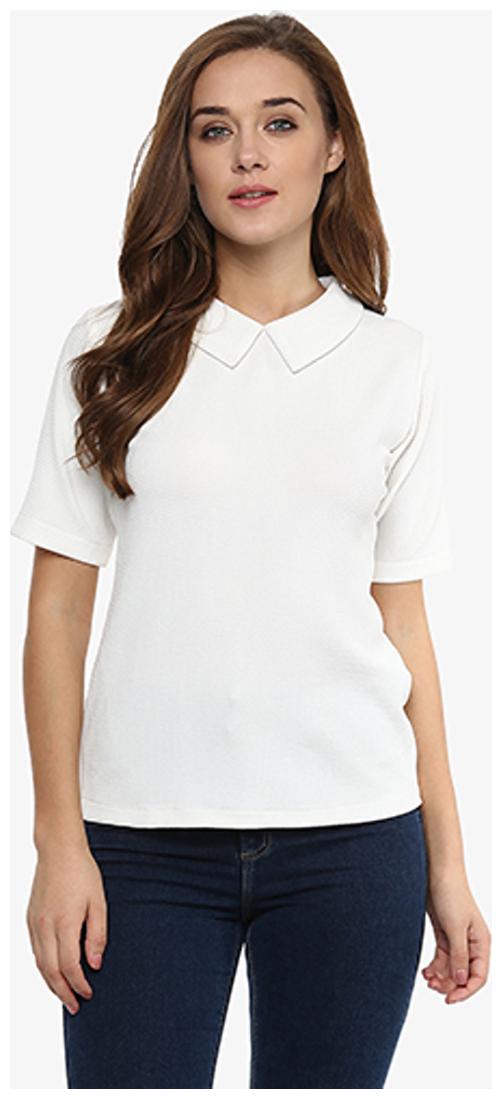 

Miss Chase Women s Off White Solid Short Sleeve Round Neck Collared Tops