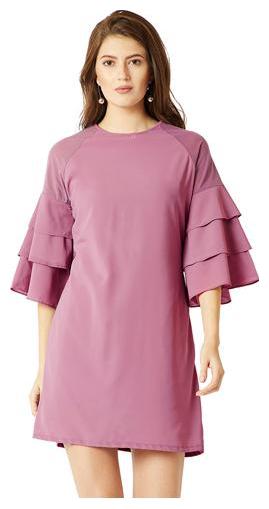 

Women s Purple Round Neck 3 4 Sleeve Solid Mini A-Line Ruffled Sheer Dress