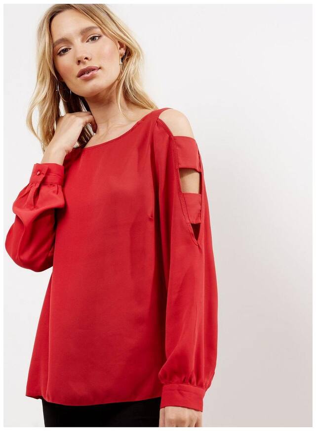 Women's Red Cold Shoulder Polyester Crepe Top