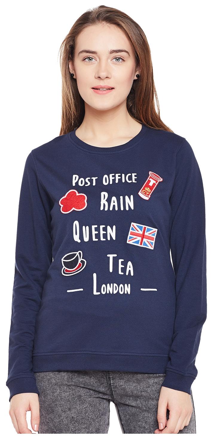 

Women s round neck full sleeve sweatshirt has front print embroidery patches