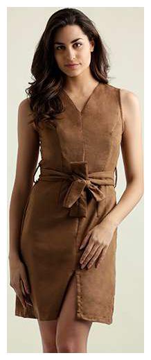 

Women s Tan Brown V-Neck Sleeveless Solid Mini Belted Suede Shift Dress