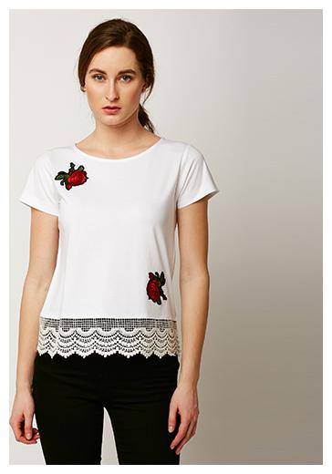 Women's White Round Neck Short Sleeve Solid Lace Boxy Patch Work Embroidered Top by Miss Chase