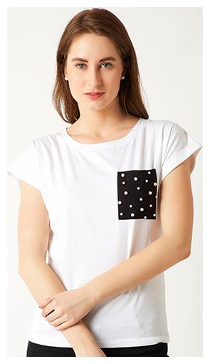 

Women s White Round Neck Short Sleeve Cotton Solid Pearl Pocket T-Shirt