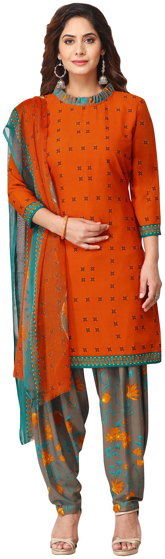 

Women Shoppee Orange Unstitched Kurta with bottom dupatta With dupatta Dress Material