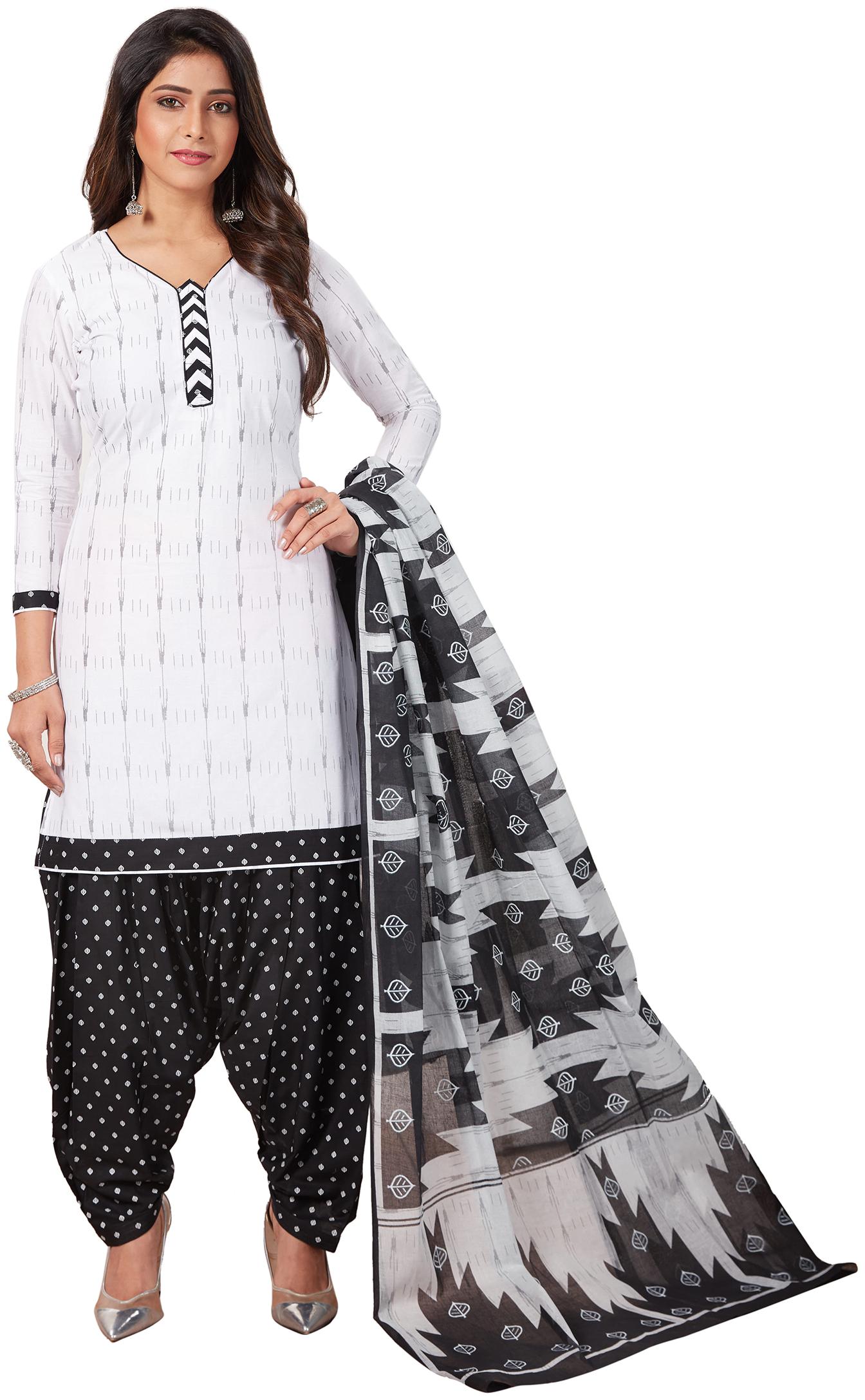 

Women Shoppee White Unstitched Kurta with bottom dupatta With dupatta Dress Material