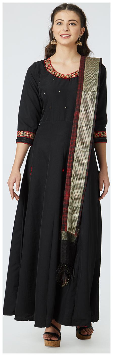 

Women Silk Embroidered Black Kurta Churidar Set with Dupatta