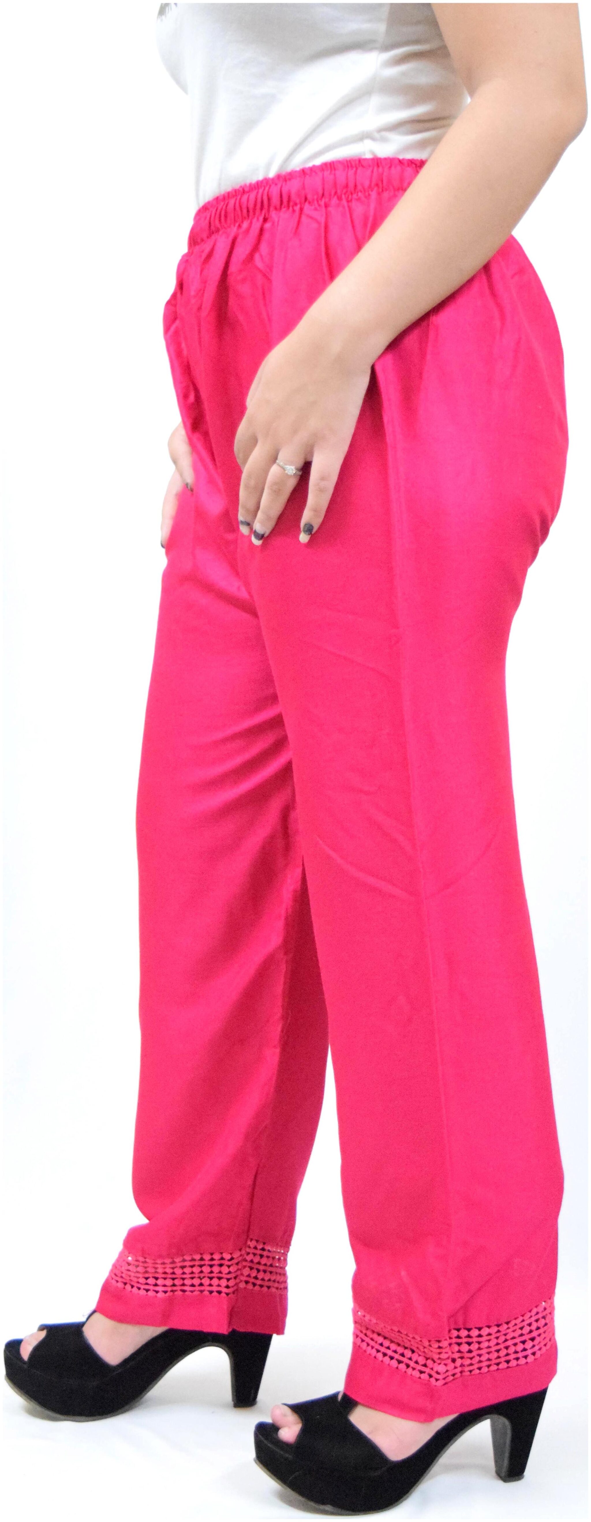 

Women Straight Fit Mid Rise Solid Pants with Lace Work - PINK