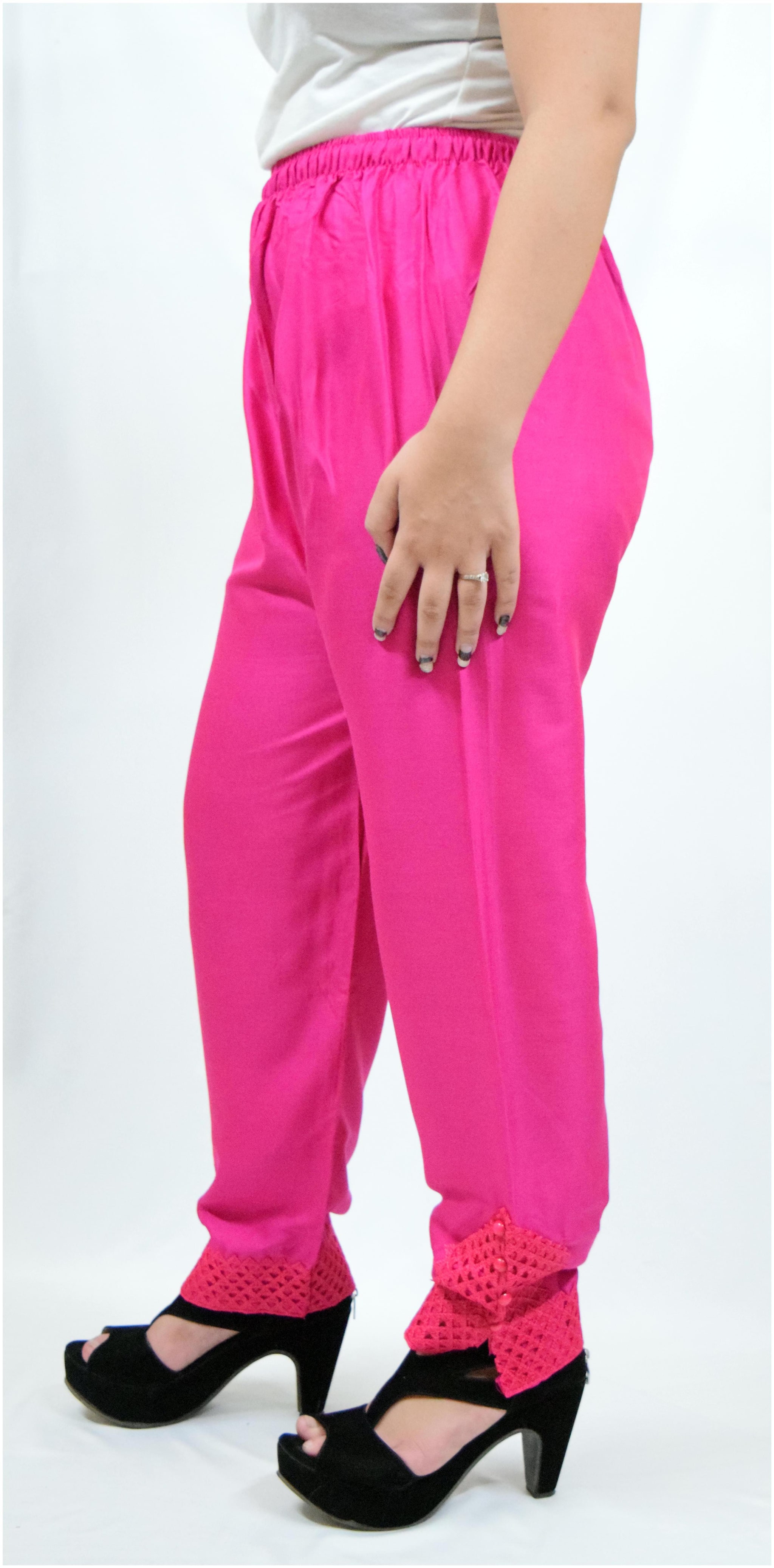 

Women Straight Fit Mid Rise Solid Pants with Lace Work -Pink