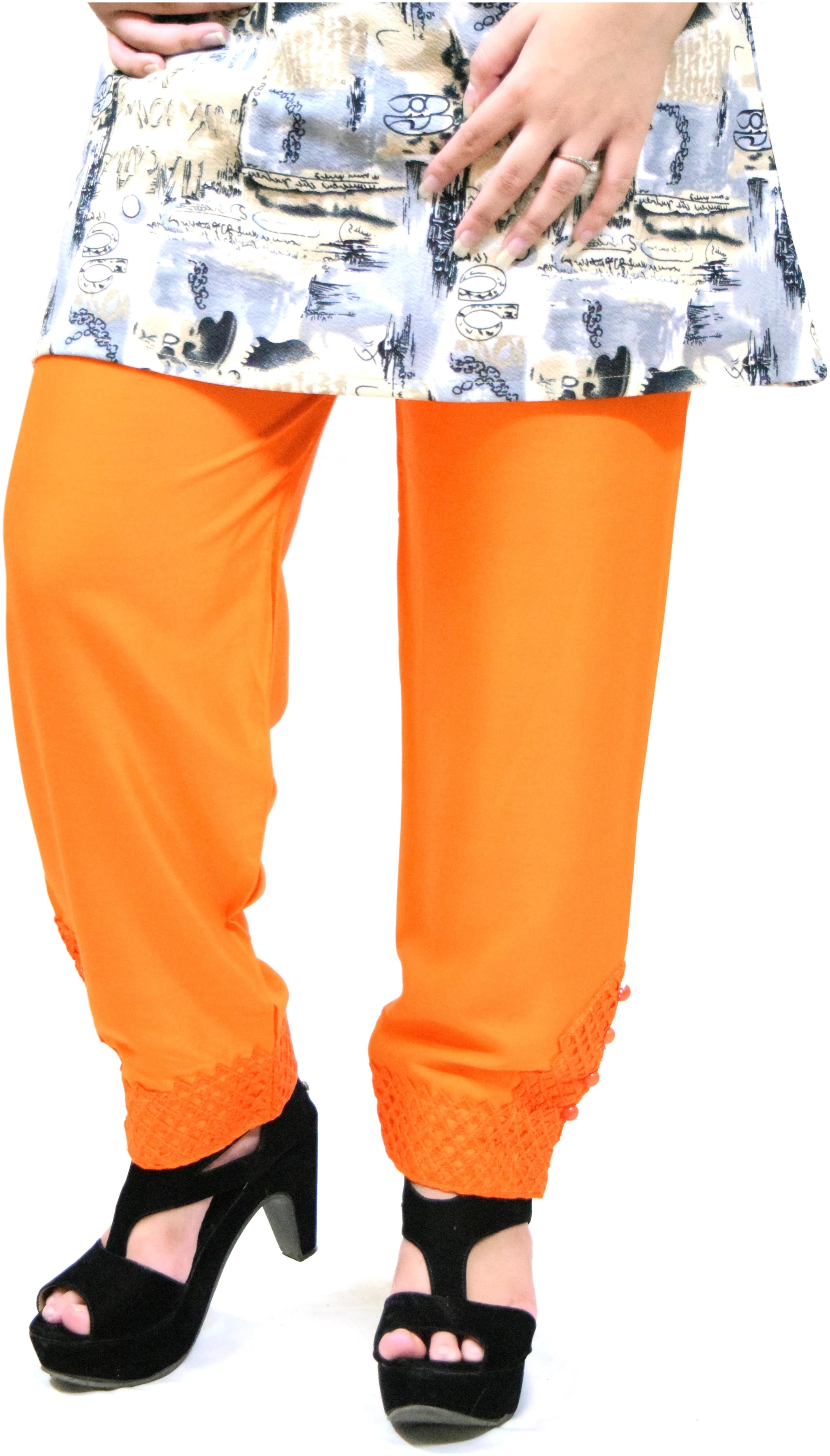 

Women Straight Fit Mid Rise Solid Pants with Lace Work - ORANGE