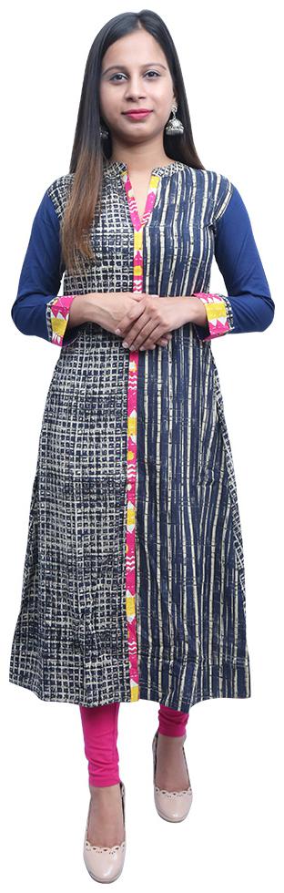 

The Mini NEEDLE Women Blue Striped Straight Kurta