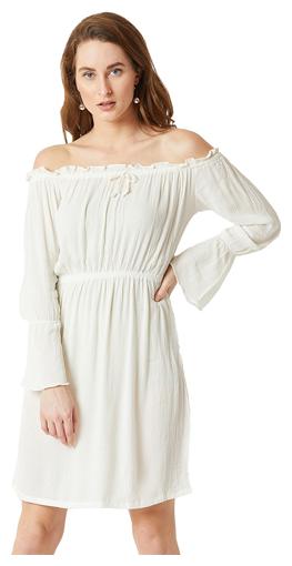 

Women White Off-Shoulder Full Sleeve Solid Bardot Style Knee Long Gathered Tie Up Fit and Flare Dress