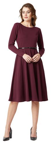 

Women Wine Red Round Neck Full Sleeve Solid Skater Midi Belted Dress