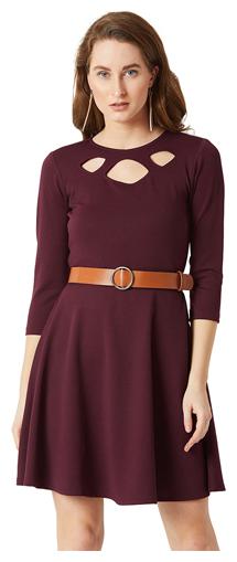 

Women Wine Red Round Neck 3 4 Sleeves Solid Skater Knee-Long Belted Cut-Out Dress
