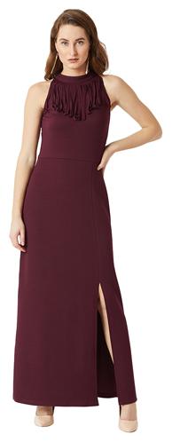 

Women Wine Red Fringed Halter Neck Sleeveless Solid Maxi Front Slit Dress