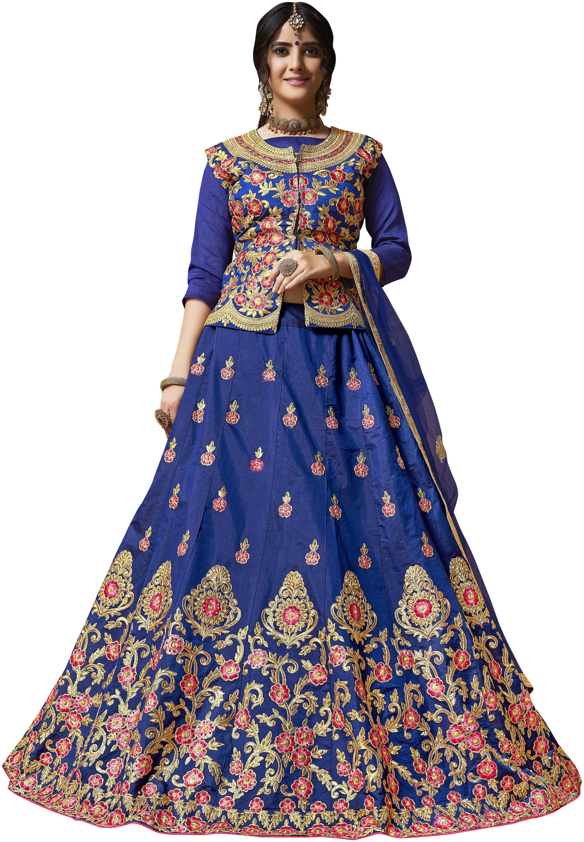 

WomenS Blue Semi Stiched Embroidered Silk Lehenga Choli