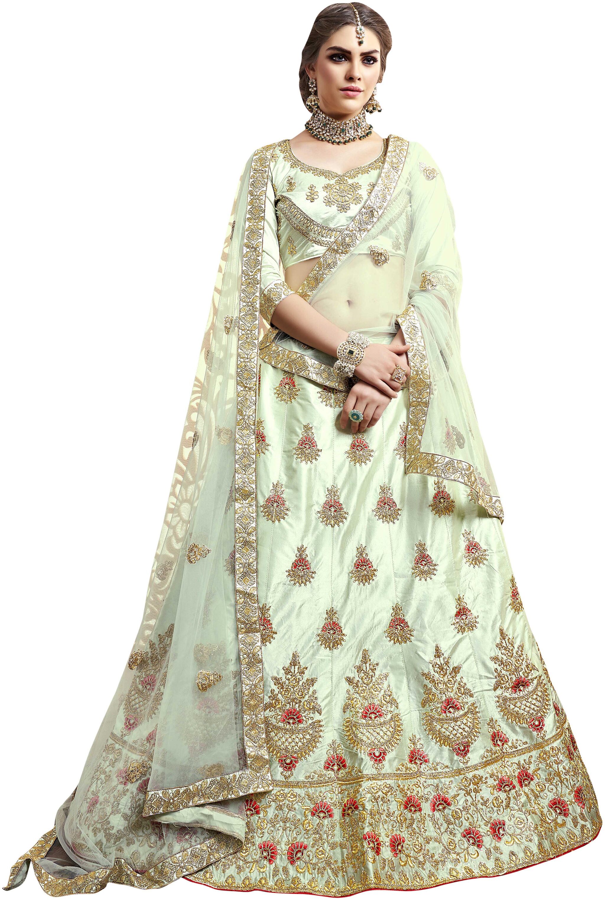 

WomenS Light Green Semi Stiched Embroidered Silk Lehenga Choli