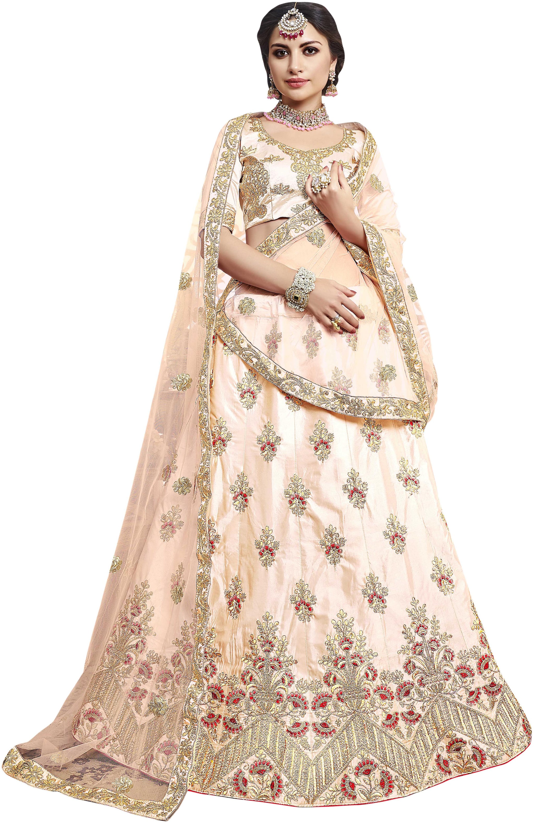 

WomenS Light Peach Semi Stiched Embroidered Silk Lehenga Choli