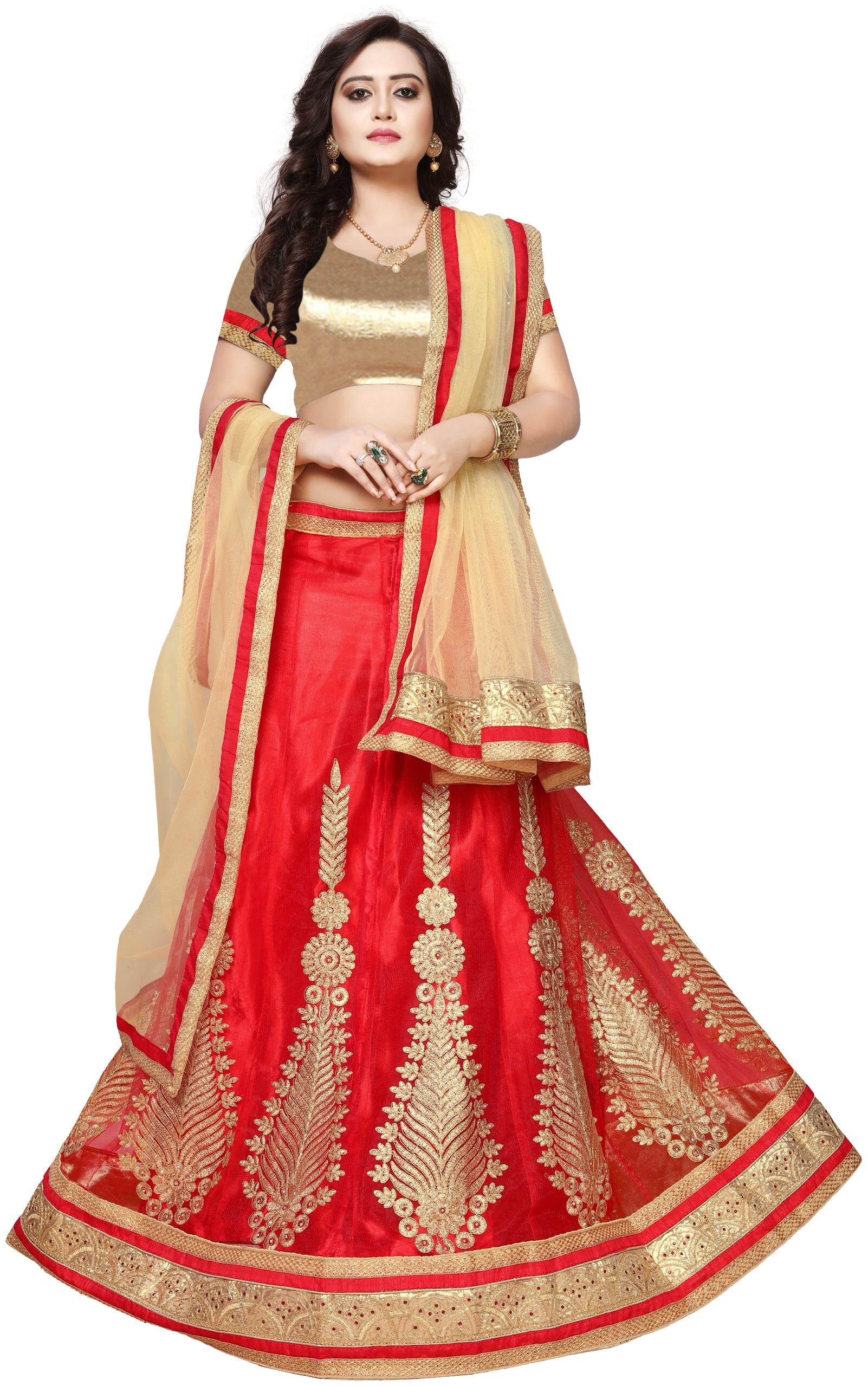 

WomenS Red Semi Stiched Embroidered Net Lehenga Choli