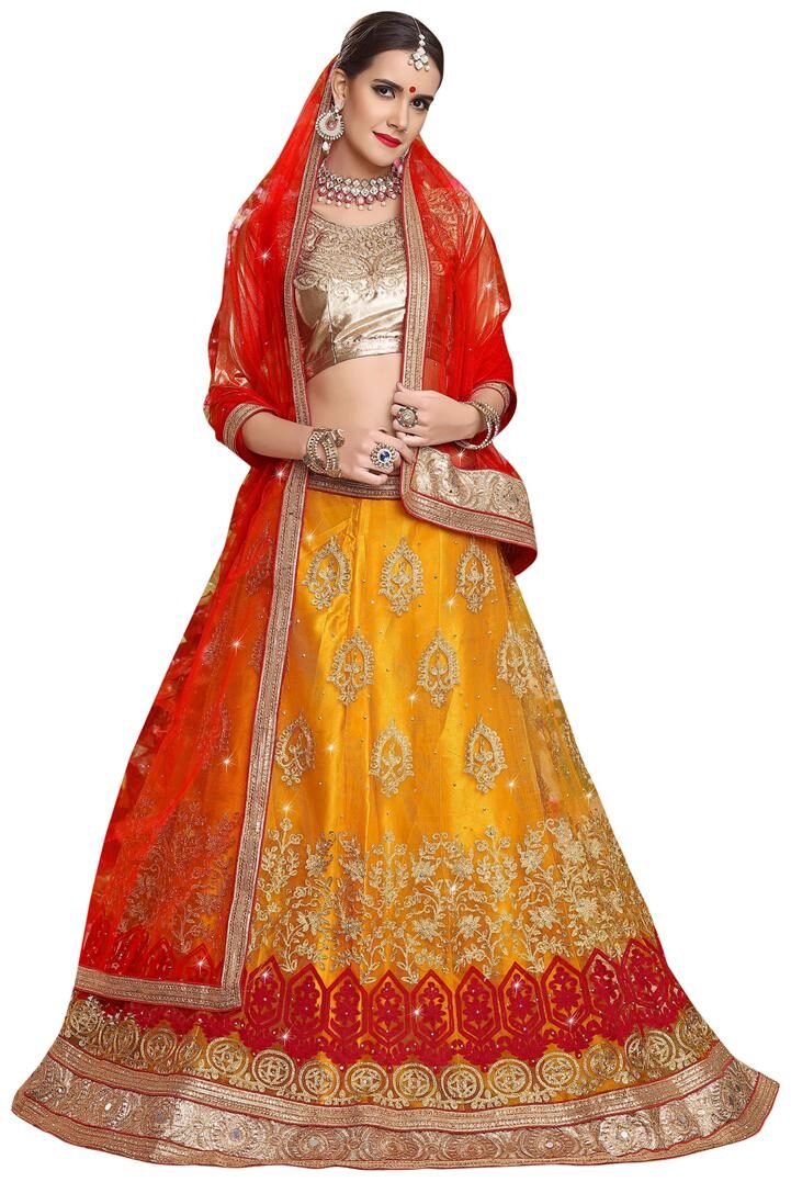 

WomenS Yellow Semi Stiched Embroidered Net Lehenga Choli