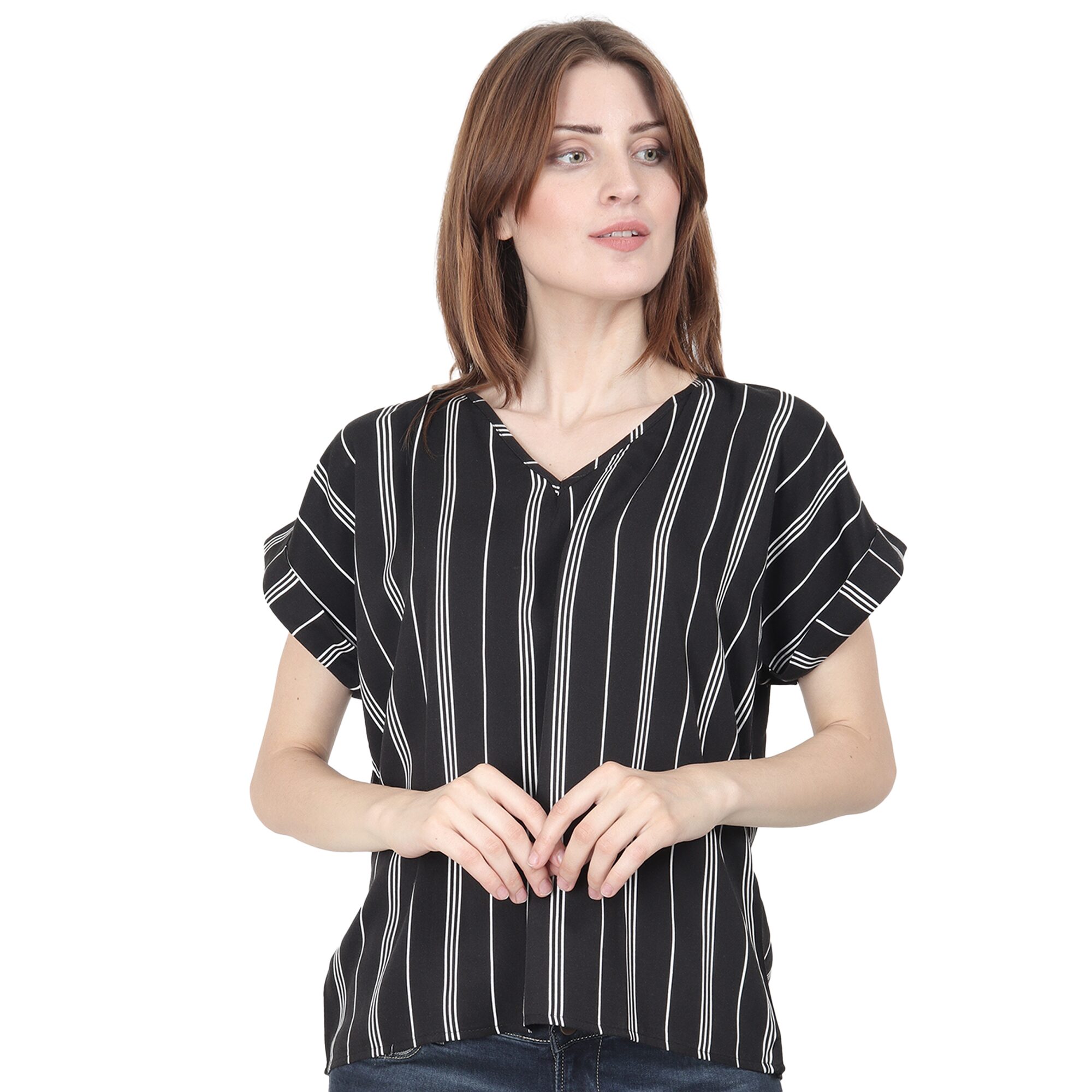 

XOHY Women Striped Regular top - Black