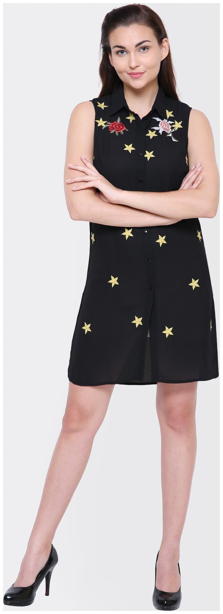 

YAADLEEN Black Embroidered Shirt dress