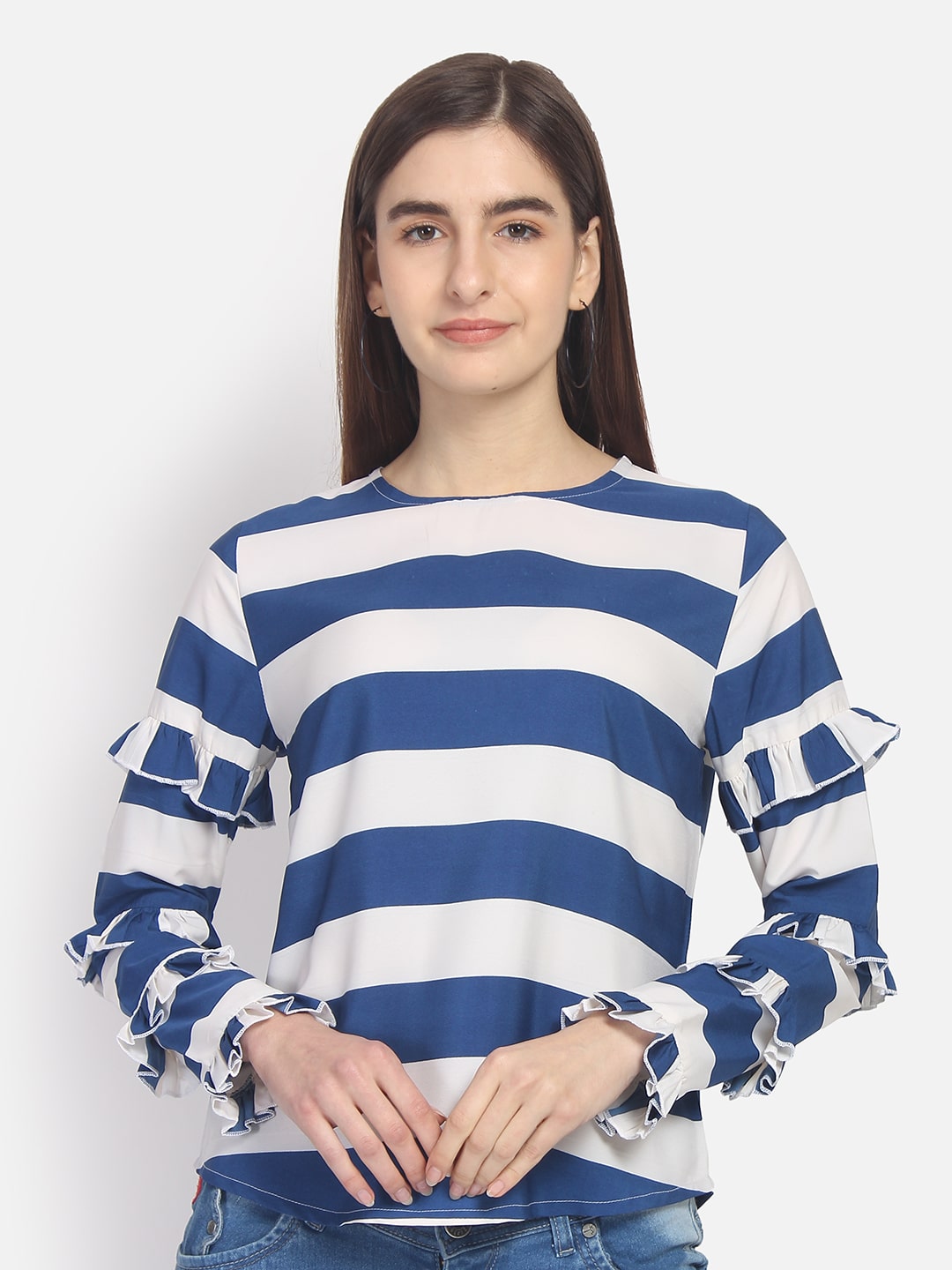 

YAADLEEN Women Striped Regular top - Blue White