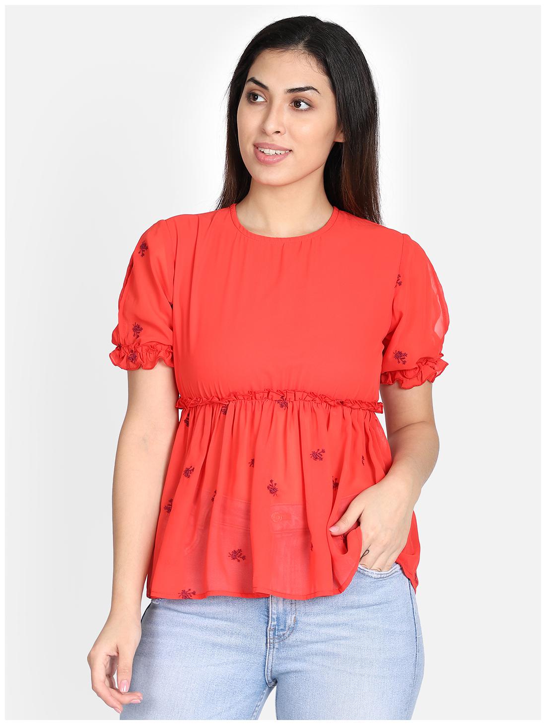 

YAADLEEN Women Embroidered Regular top - Red