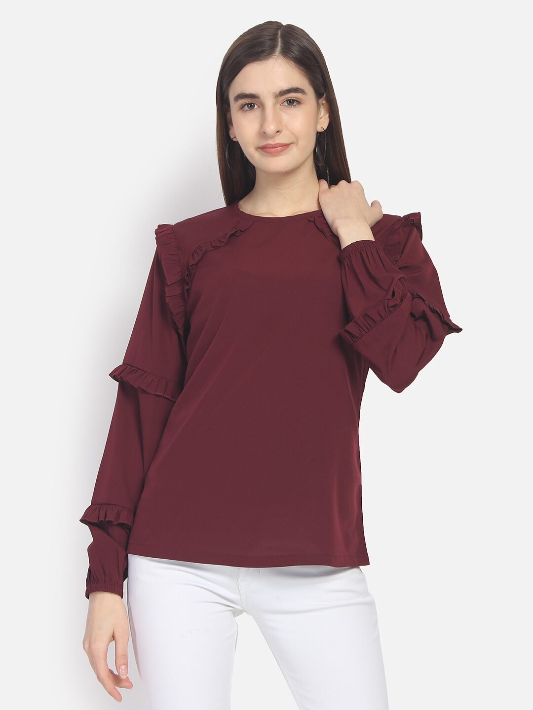 

YAADLEEN Women Solid Regular top - Maroon