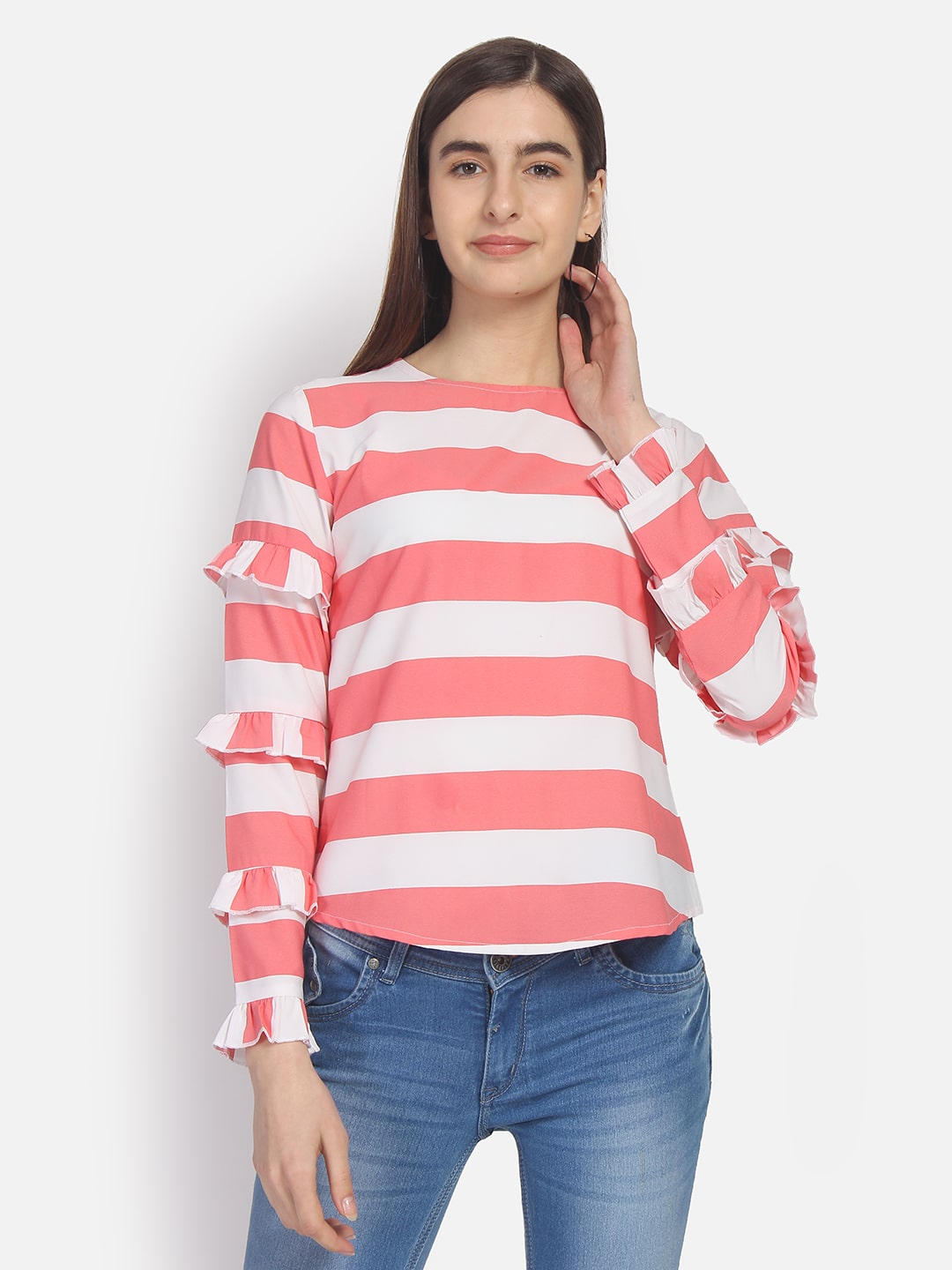 

YAADLEEN Women Striped Regular top - Pink White