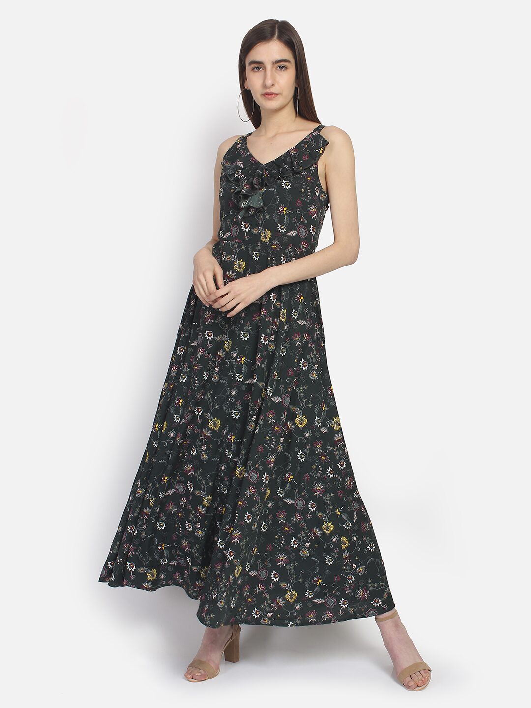 

YAADLEEN Green Floral Fit flare dress