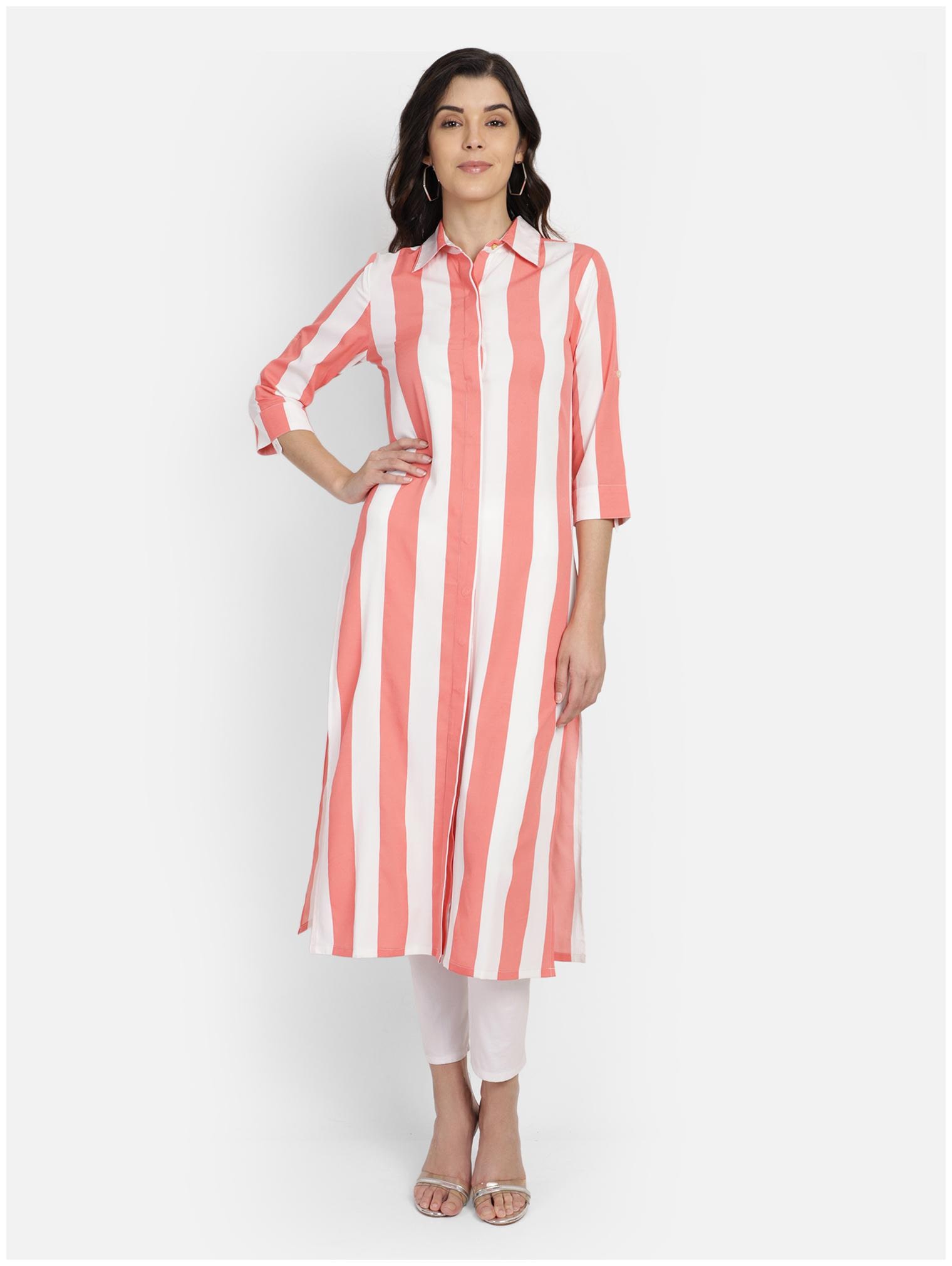 

YAADLEEN Women Pink White Striped Straight Kurta
