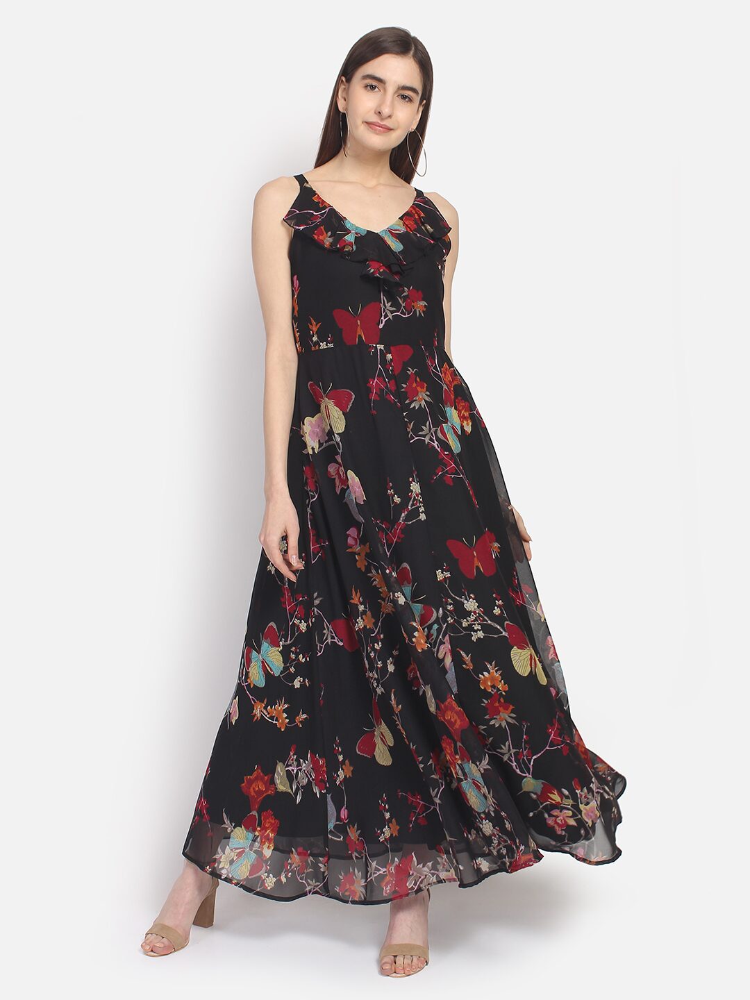 

YAADLEEN Black Floral Fit flare dress