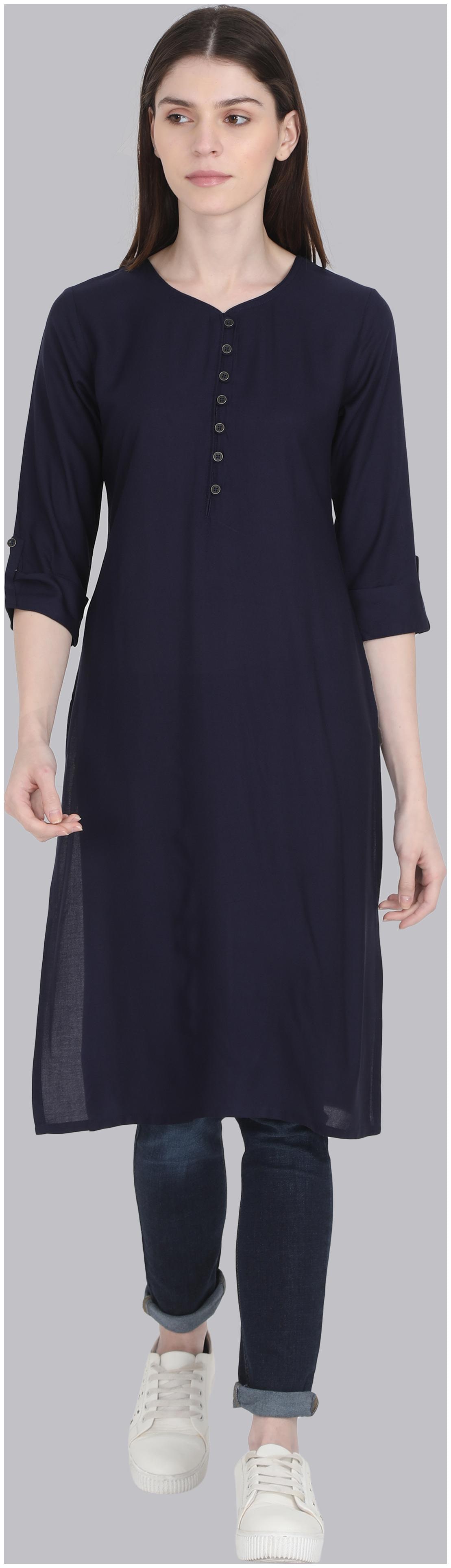 

Yaanvi Women Navy Blue Solid Straight Kurti