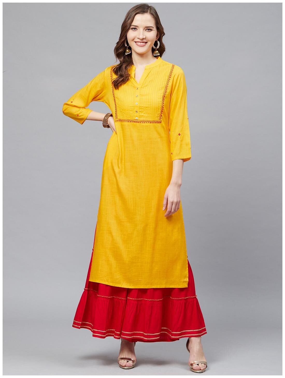 

Yash Gallery Viscose Rayon Yellow Embroidered Kurta Sharara For Women