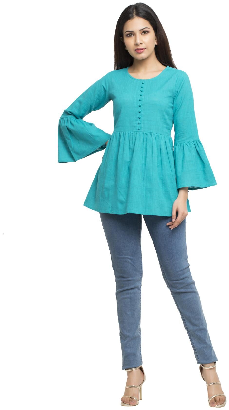 

Yash Gallery Women Cotton Solid Regular Top Turquoise