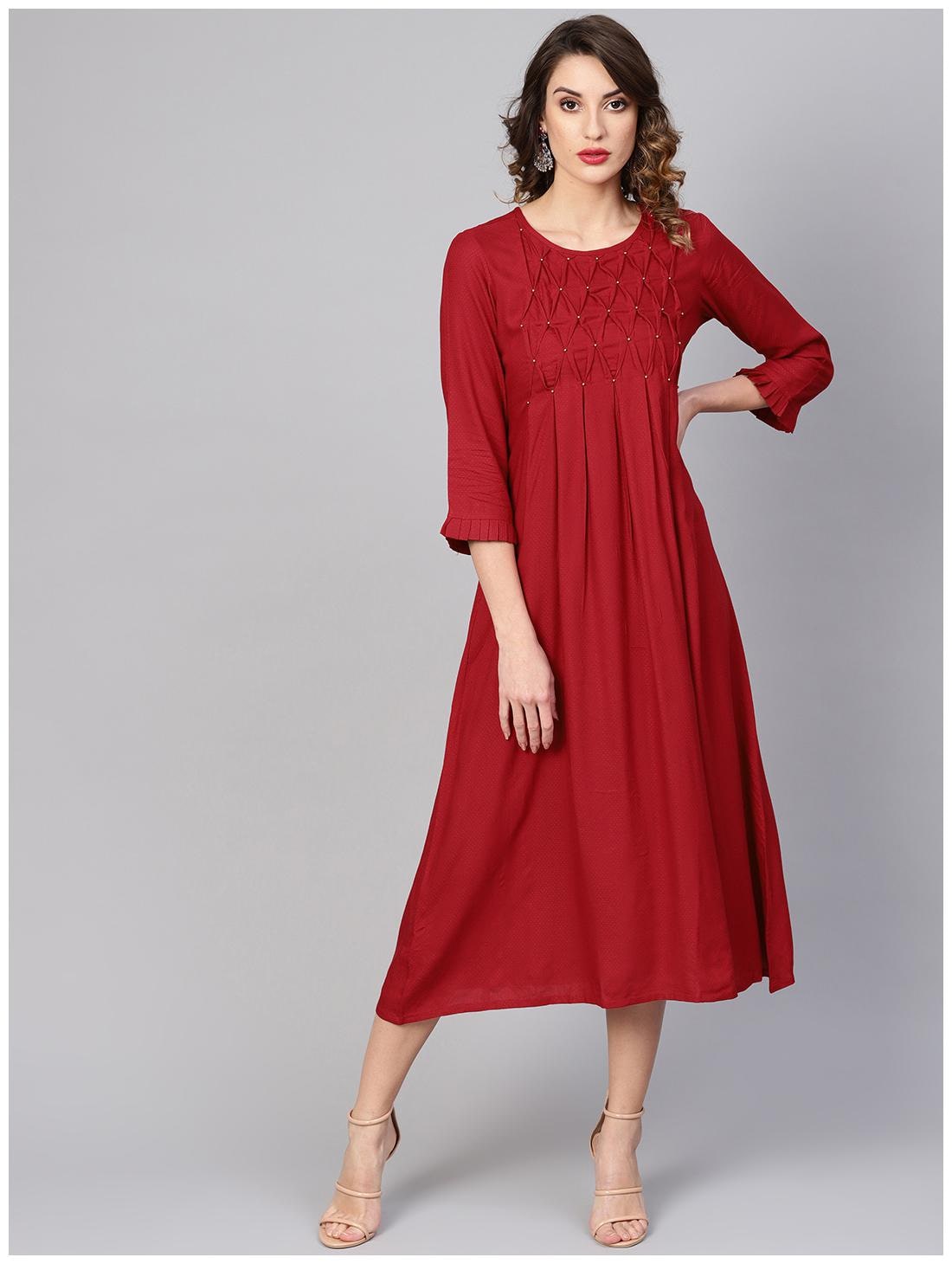 

Yash Gallery Maroon Solid A-line dress